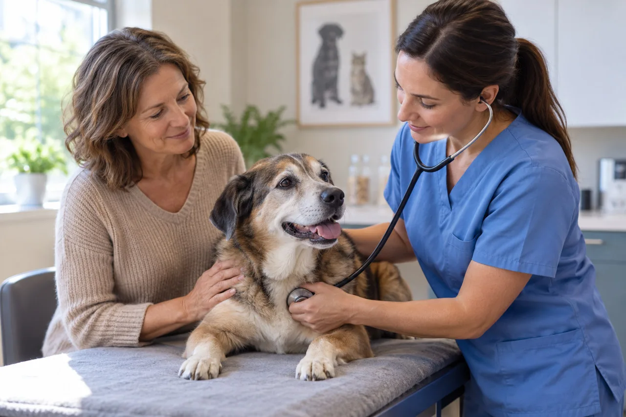 Owner discussing care of a dog with a veterinarian